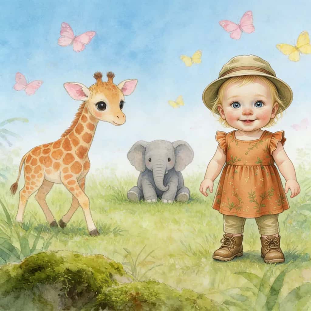 Page from Yara’s jungle book with Yara next to a giraffe and a little elephant, the same animals as on her birth announcement card