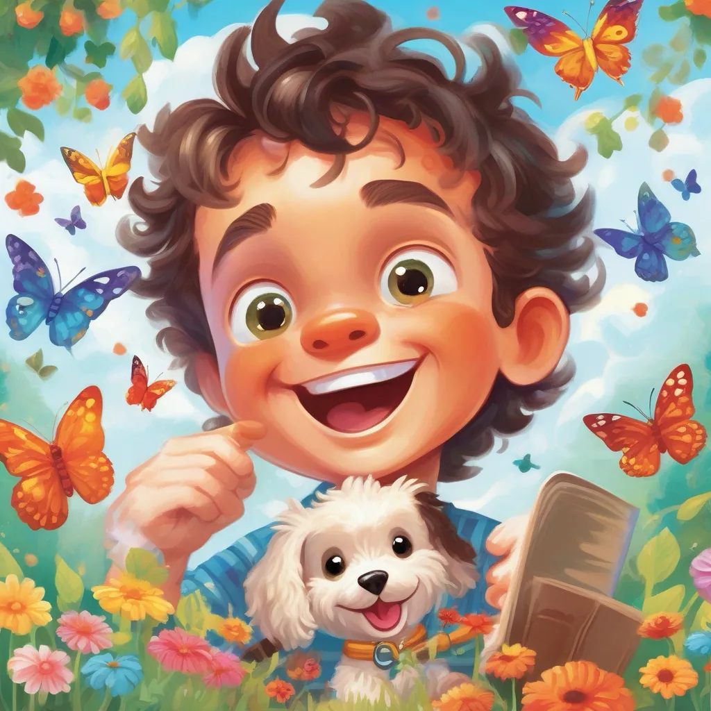 AI illustration of a child with a dog, surrounded by butterflies and flowers