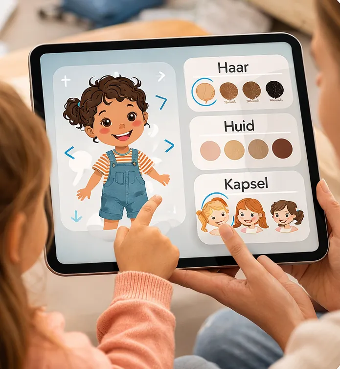 Tablet showing character customization options: hair color, skin tone, and hairstyle