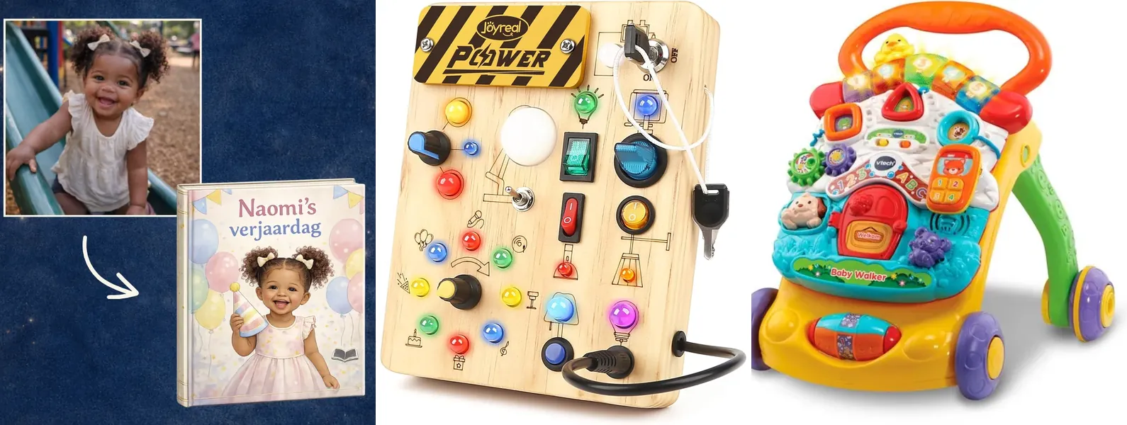 Collage van een gepersonaliseerd verjaardagsboekje, een Montessori busyboard en een loopwagen
