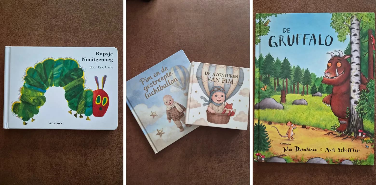 Collage van drie favoriete kinderboeken: Rupsje Nooitgenoeg, de gepersonaliseerde Pim-boekjes van BoekjesAtelier en De Gruffalo