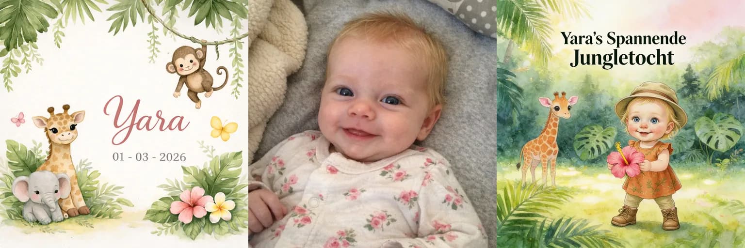 Yara's birth announcement, photo of baby Yara, and the cover of her children's book