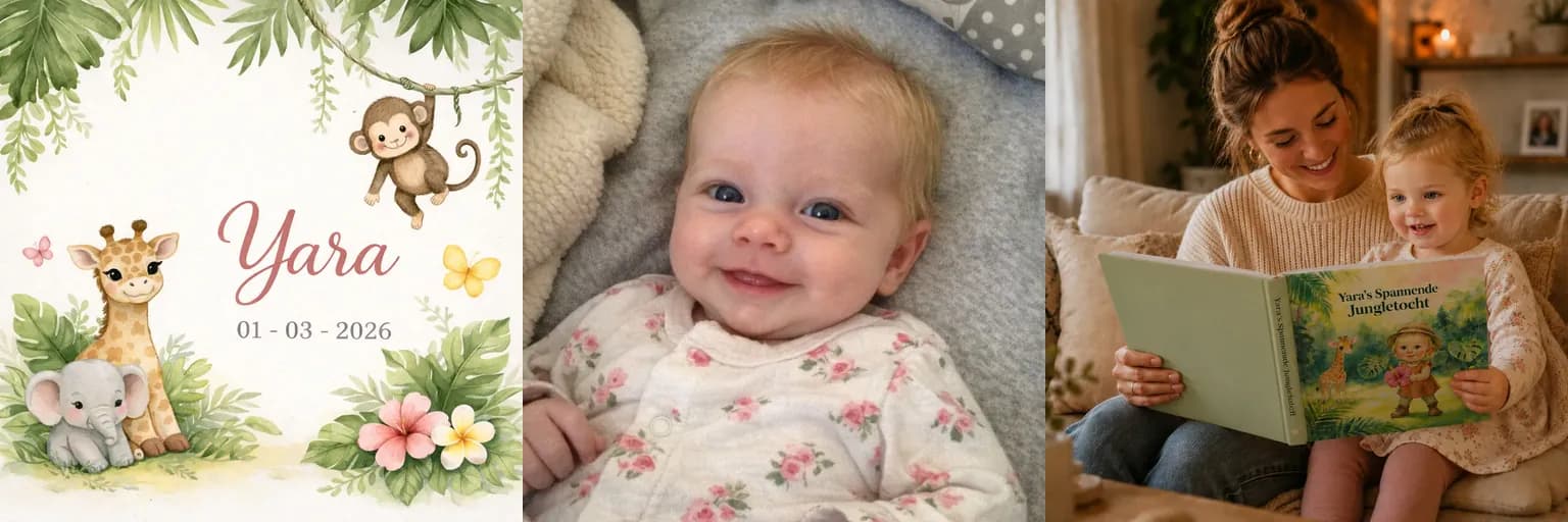 Geboortekaartje van Yara, foto van baby Yara en de cover van haar kinderboek