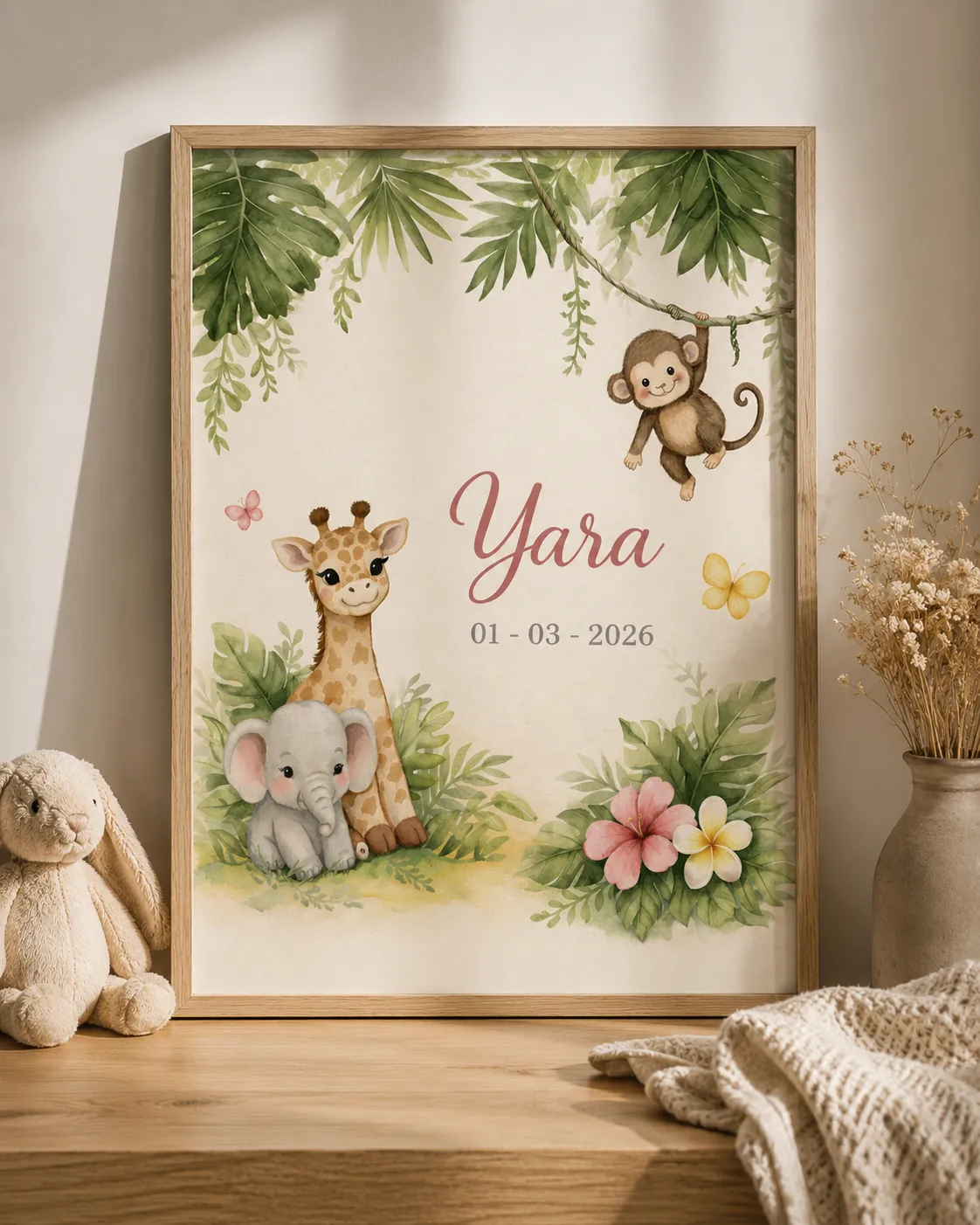 Framed nursery poster in the style of Yara's jungle birth announcement