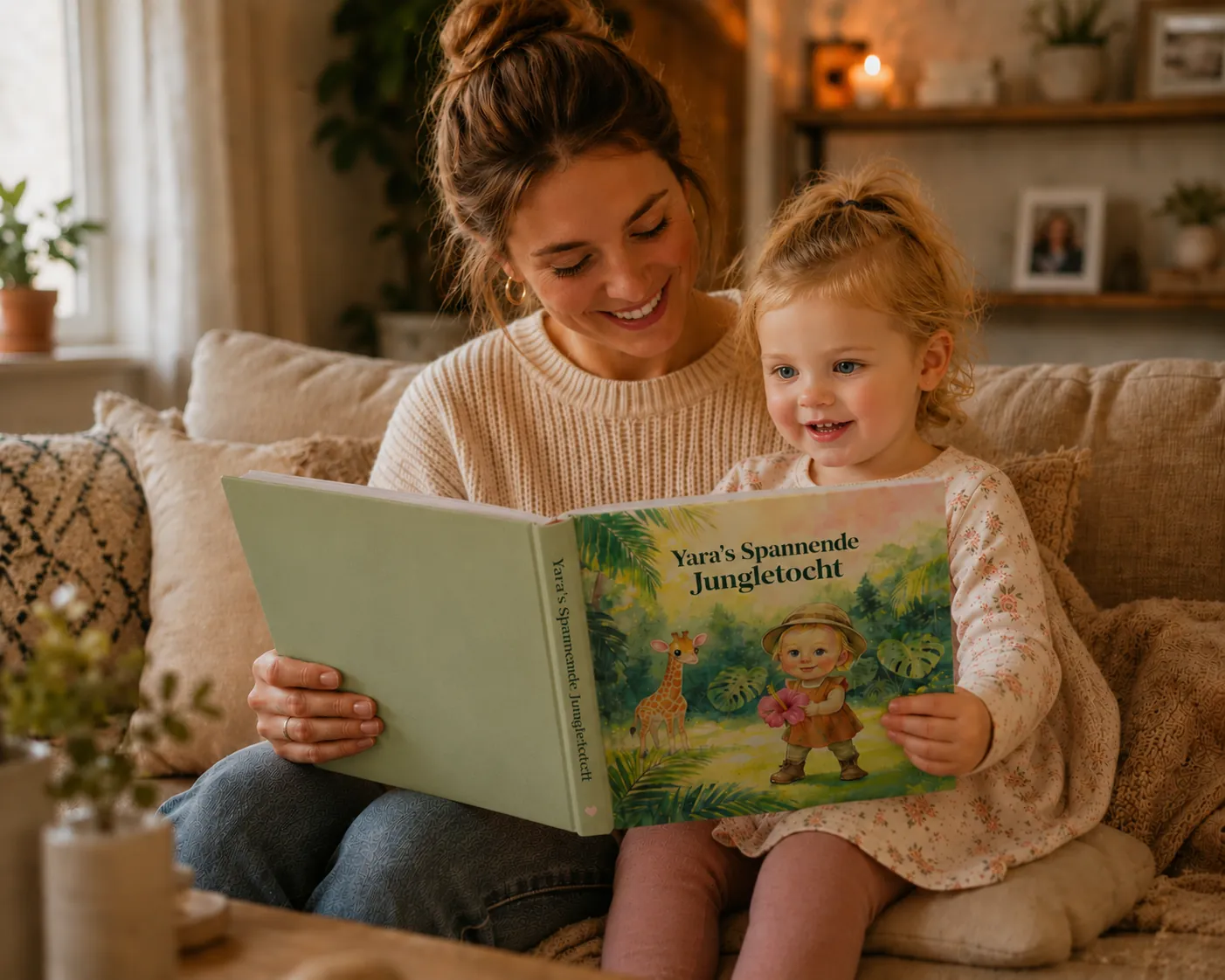 Mother reading the personal read-aloud book made from the birth announcement together with her child