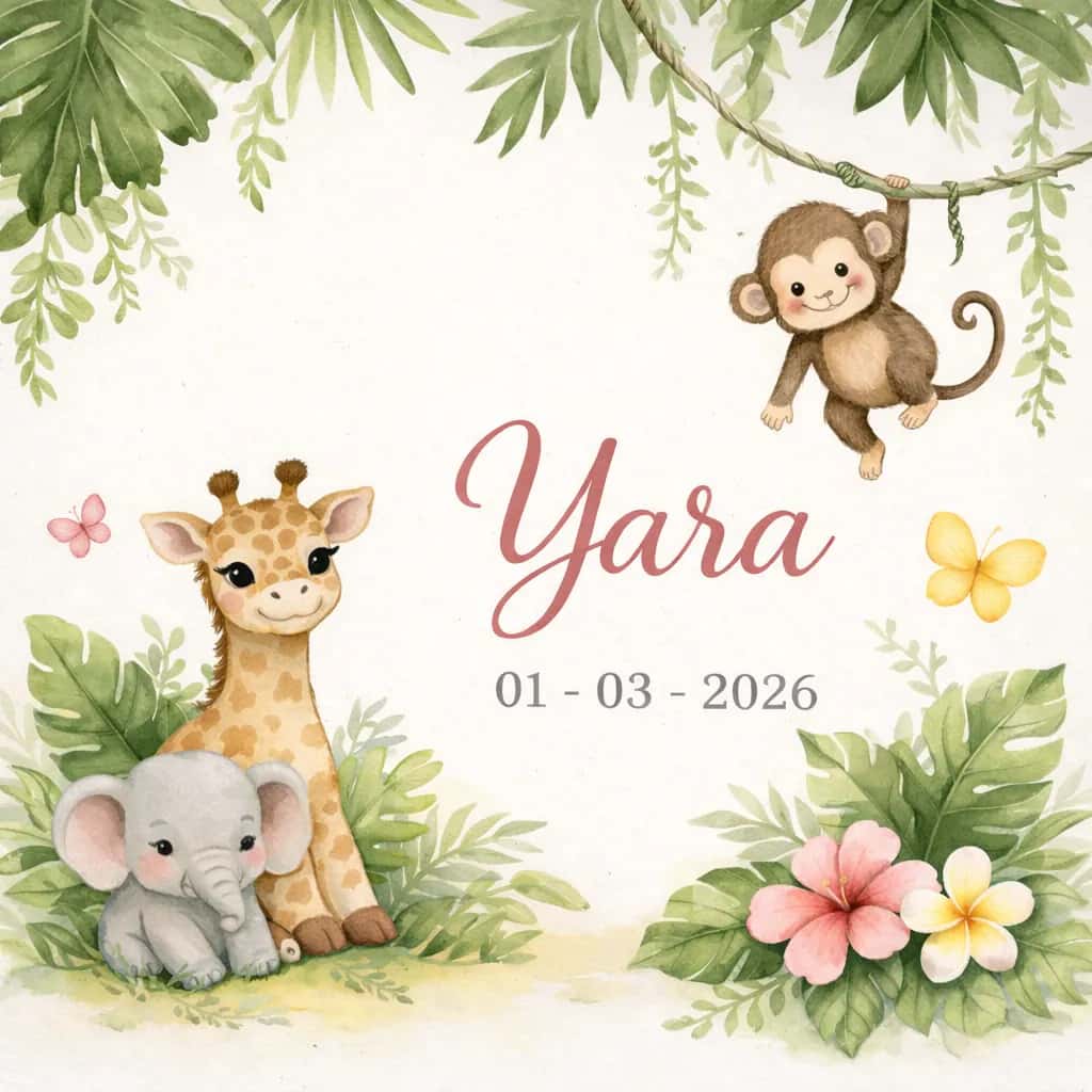 Yara’s birth announcement card with jungle animals, the basis for the illustration style