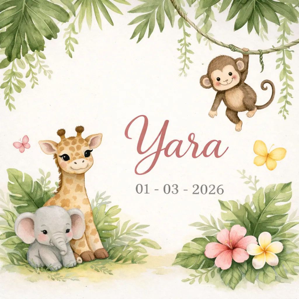 Yara's birth announcement card with jungle theme, animals, and tropical leaves
