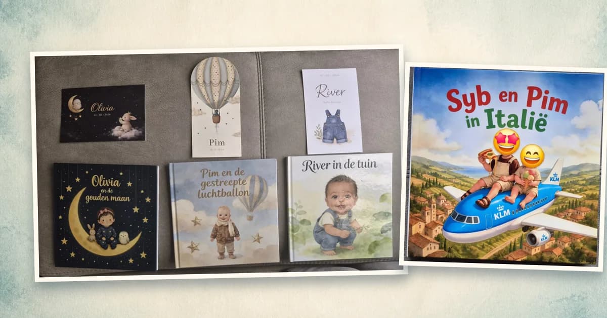 Four printed personalized children’s books by BoekjesAtelier: three newborn-gift books with matching birth announcement cards and the holiday book Syb en Pim in Italië