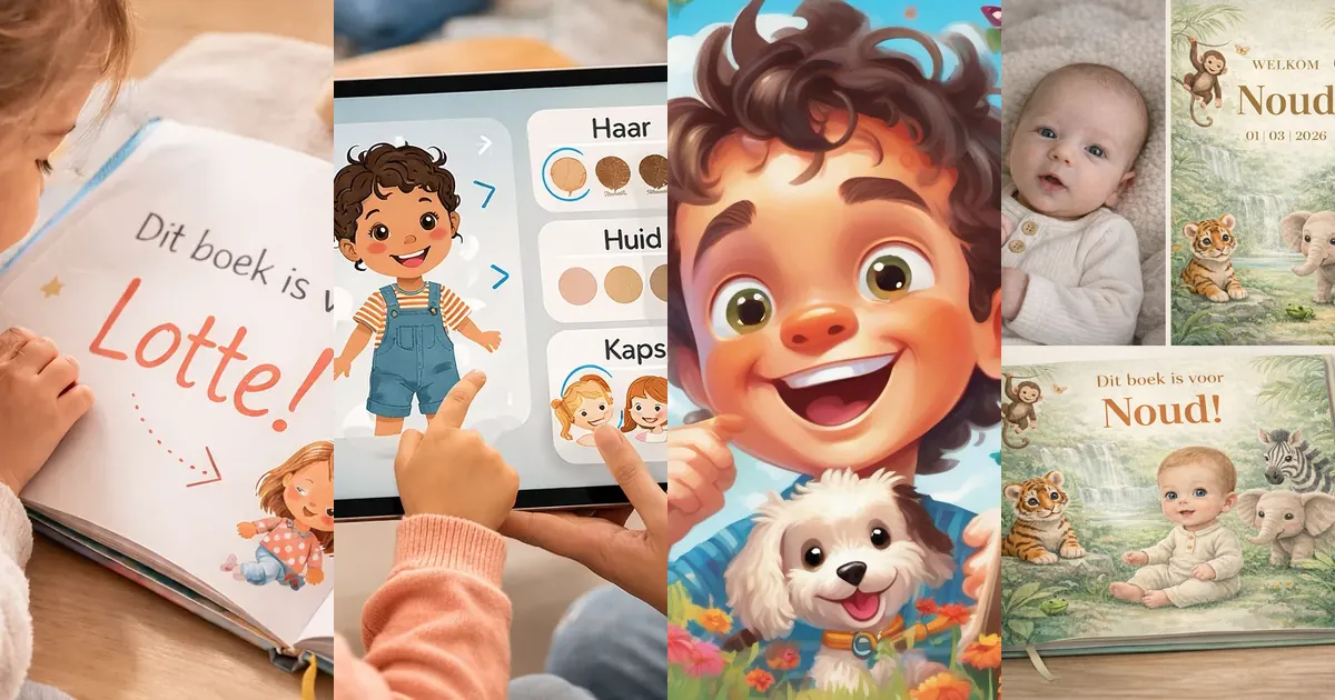 Collage van de vier stappen in de evolutie van gepersonaliseerde kinderboeken