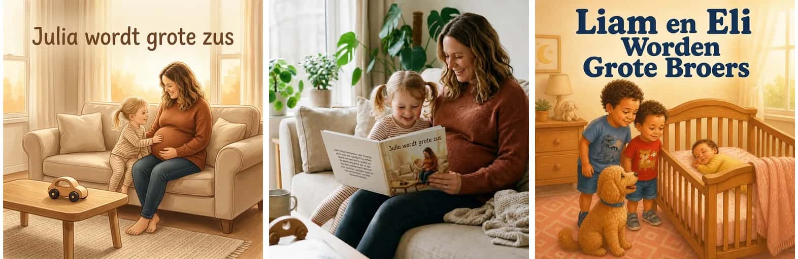 A collage with a mother and daughter reading the book "Julia wordt grote zus" together in the centre, flanked by the covers of "Julia wordt grote zus" and "Liam en Eli worden grote broers"