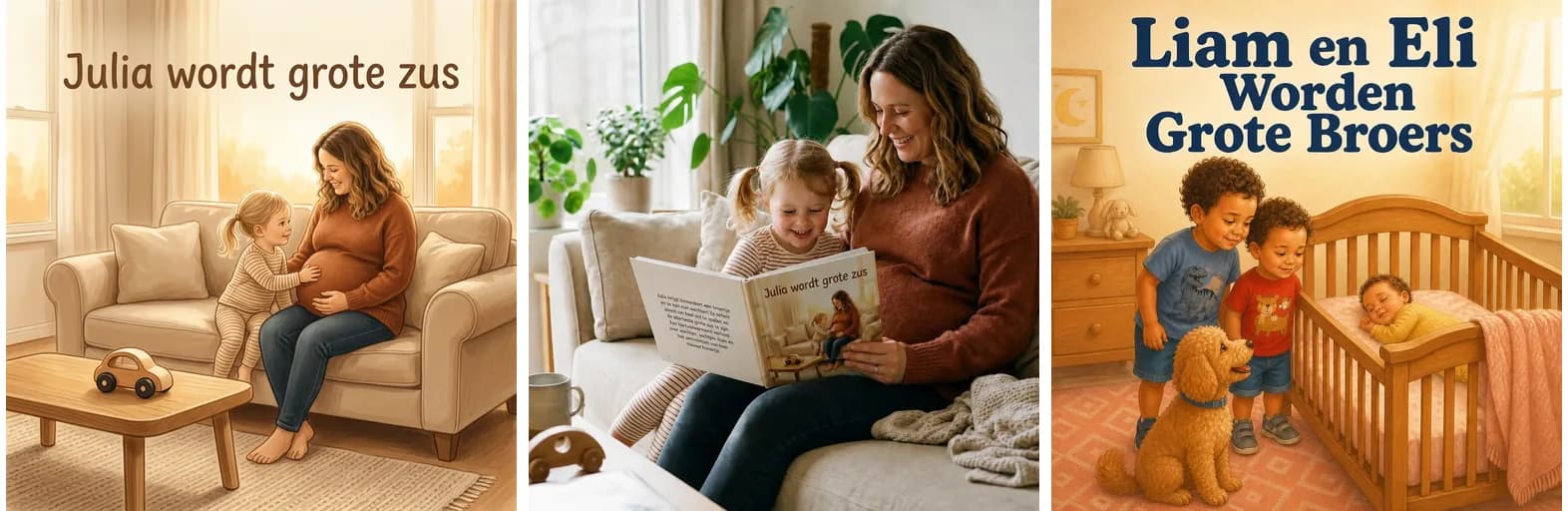 A collage with a mother and daughter reading the book "Julia wordt grote zus" together in the centre, flanked by the covers of "Julia wordt grote zus" and "Liam en Eli worden grote broers"
