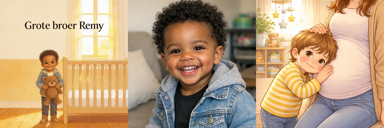 Collage of the cover of the book "Grote broer Remy", a photo of Remy and the inspiration illustration of a big brother gently listening to mum's belly