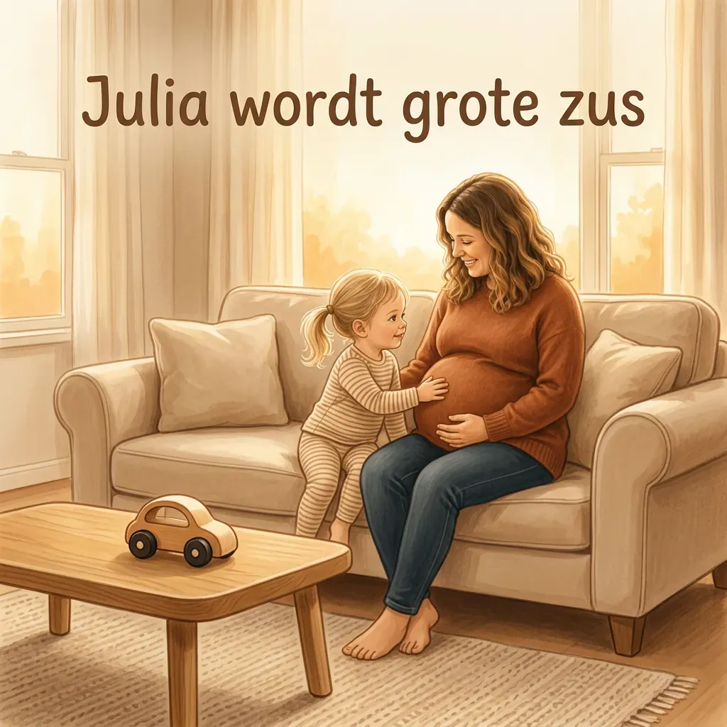 Cover of the personalized book "Julia wordt grote zus" with Julia and her pregnant mum on the sofa