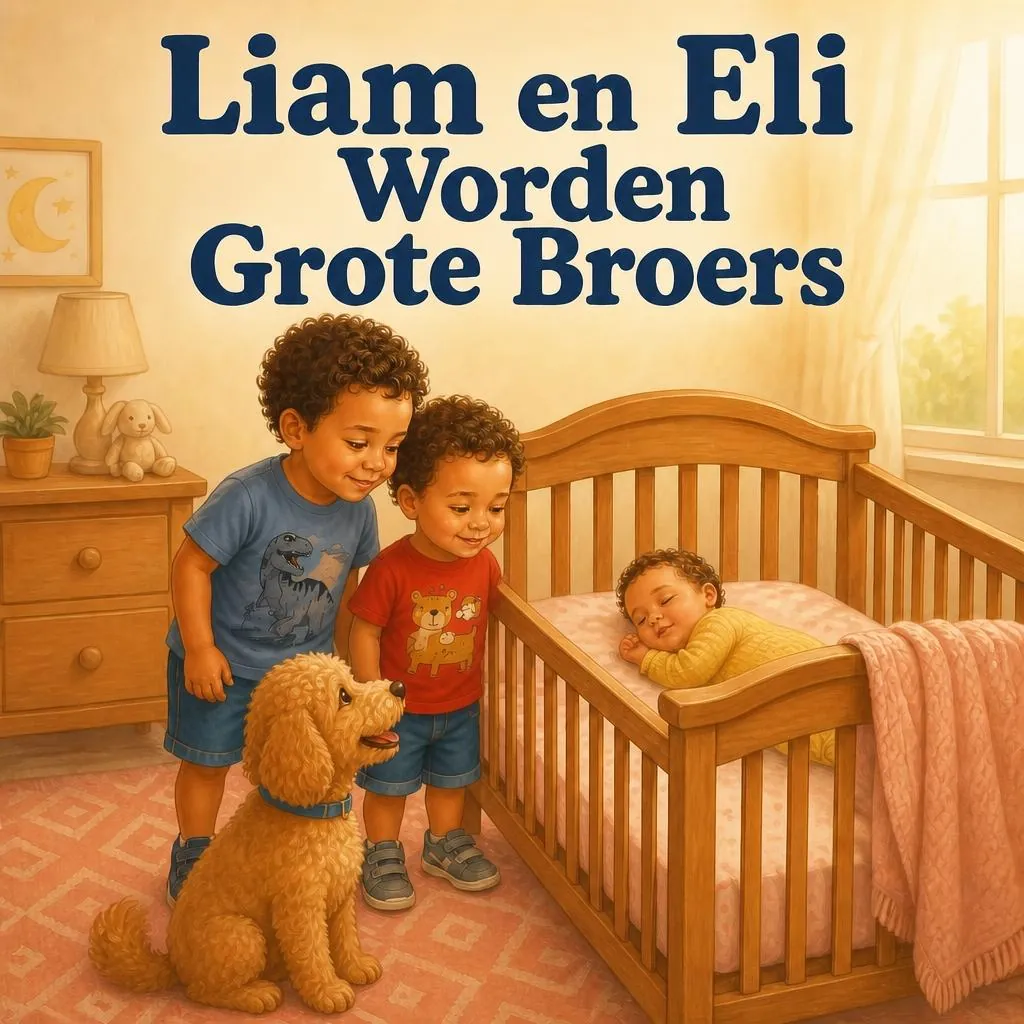 Cover of the personalized book "Liam en Eli worden grote broers" with two brothers beside the crib of their newborn sister