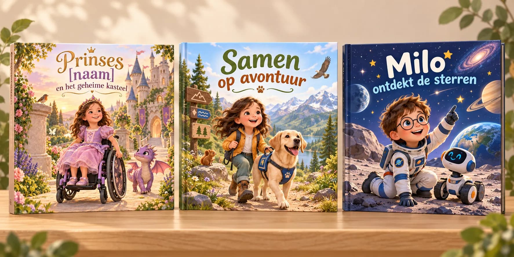 Three personalized children’s books featuring a princess in a wheelchair, a girl with her dog and a boy with glasses in space