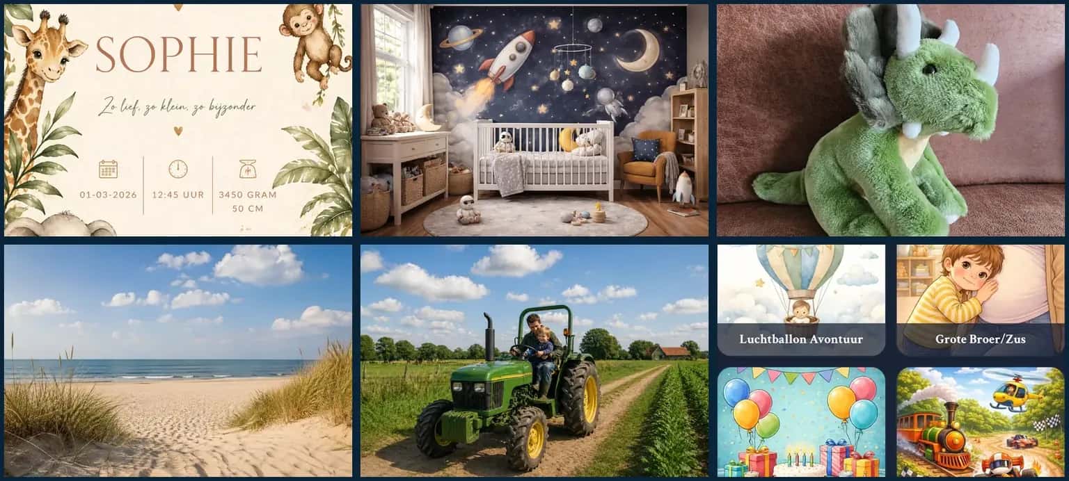 Collage van zes inspiratiebronnen voor een gepersonaliseerd kinderboek: geboortekaartje, kinderkamer, knuffel, strand, tractor en standaardthema's