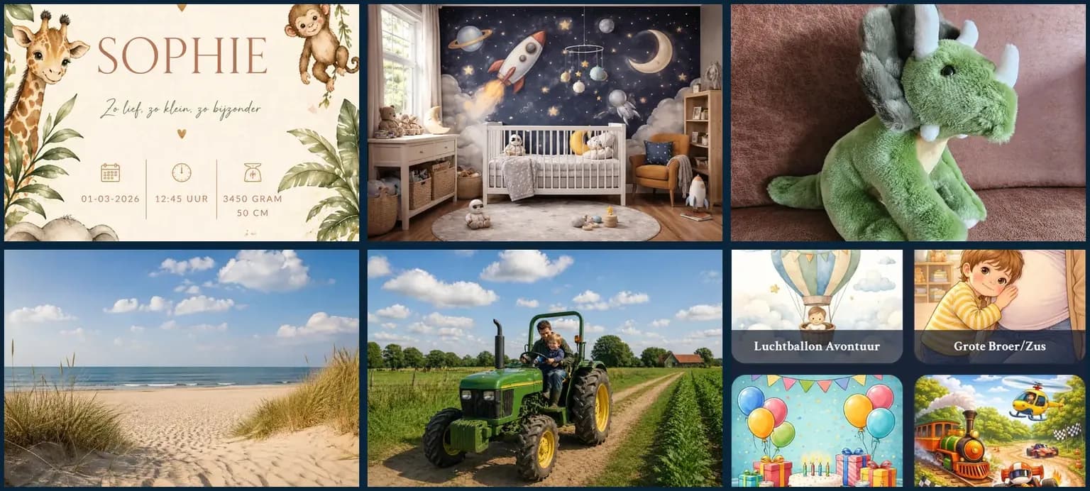 Collage of six sources of inspiration for a personalized children's book: birth announcement, nursery, stuffed animal, beach, tractor and standard themes