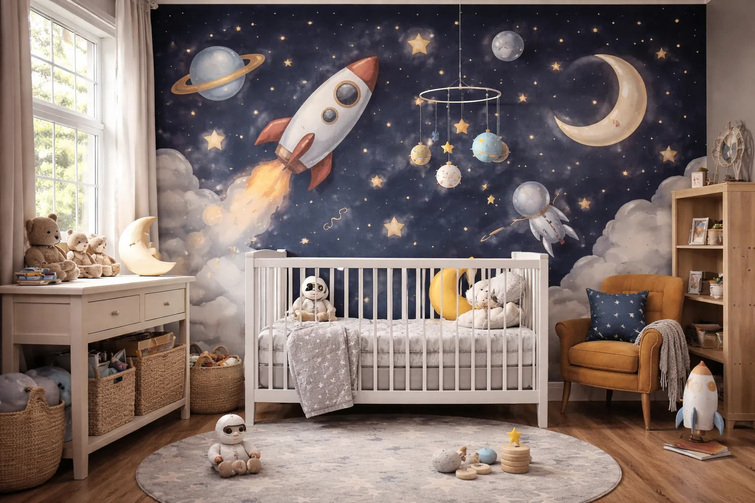 Liam's nursery with a space theme as inspiration for a personalized children's book