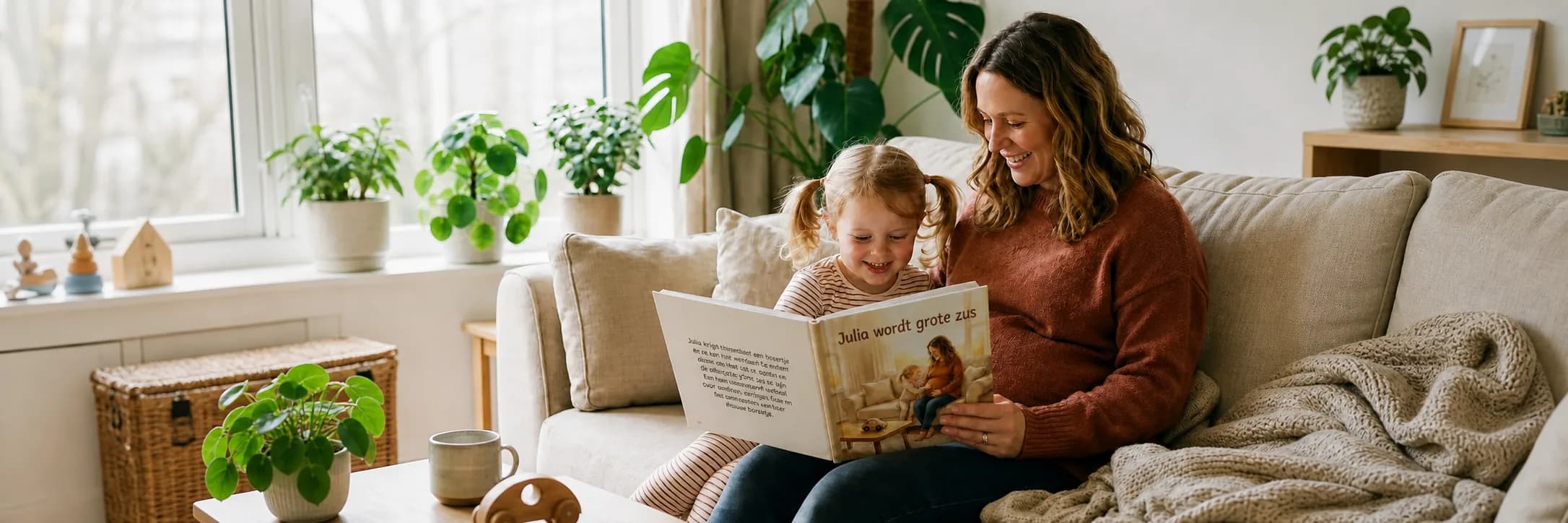 Zwangere moeder en dochter lezen samen het persoonlijke boekje Julia wordt grote zus