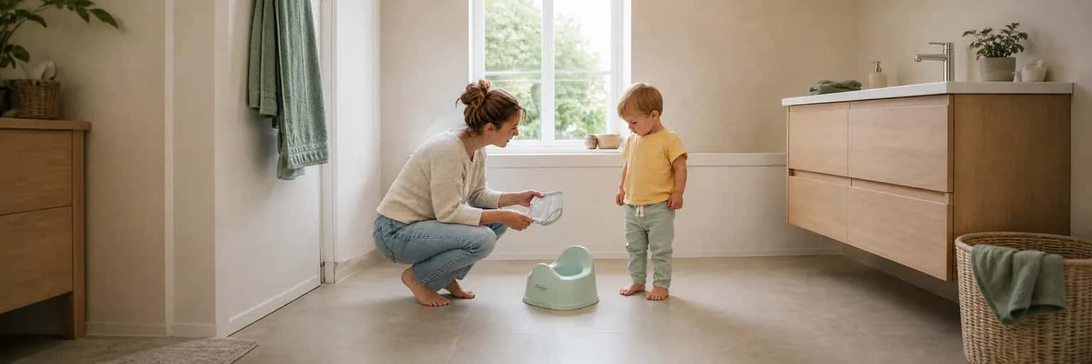 Moeder zit op ooghoogte bij haar peuter en houdt een schoon onderbroekje vast naast een mintgroen potje in de badkamer