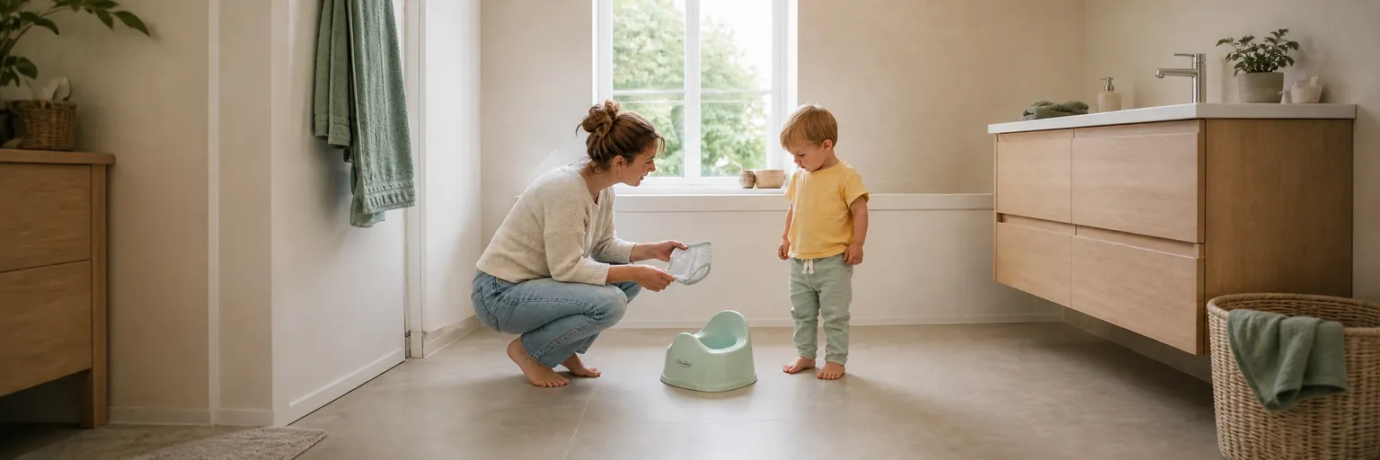 Moeder zit op ooghoogte bij haar peuter en houdt een schoon onderbroekje vast naast een mintgroen potje in de badkamer