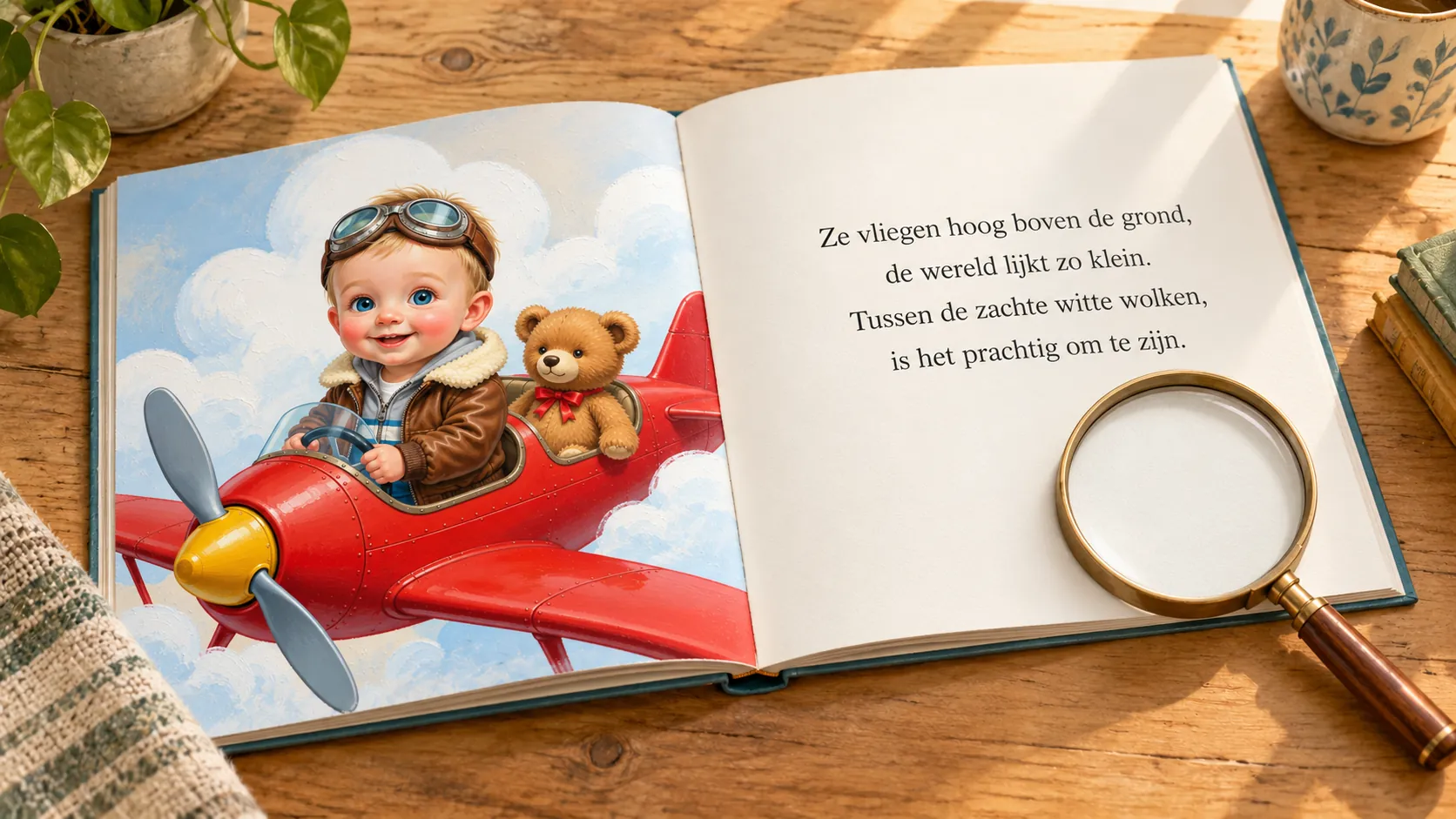 Boekmockup met links Pim en zijn teddybeer in een rood vliegtuig, rechts het bijbehorende versje uit Piloot Pim op reis naar Italië en een vergrootglas