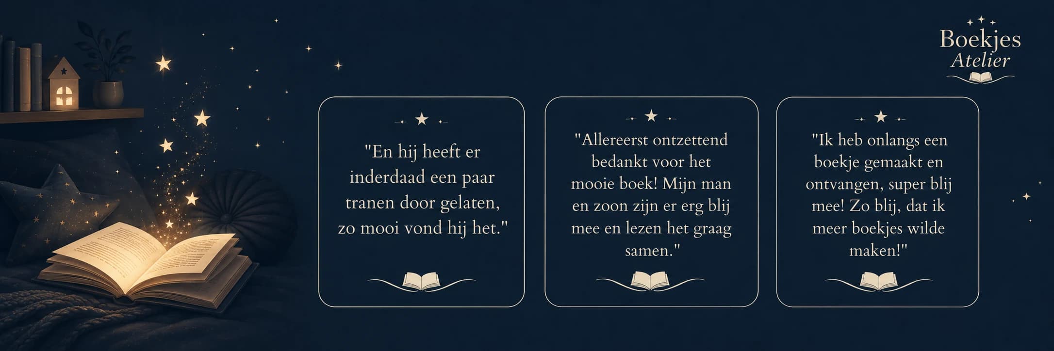 Banner met drie klantreacties over BoekjesAtelier, naast een sfeervol open kinderboek