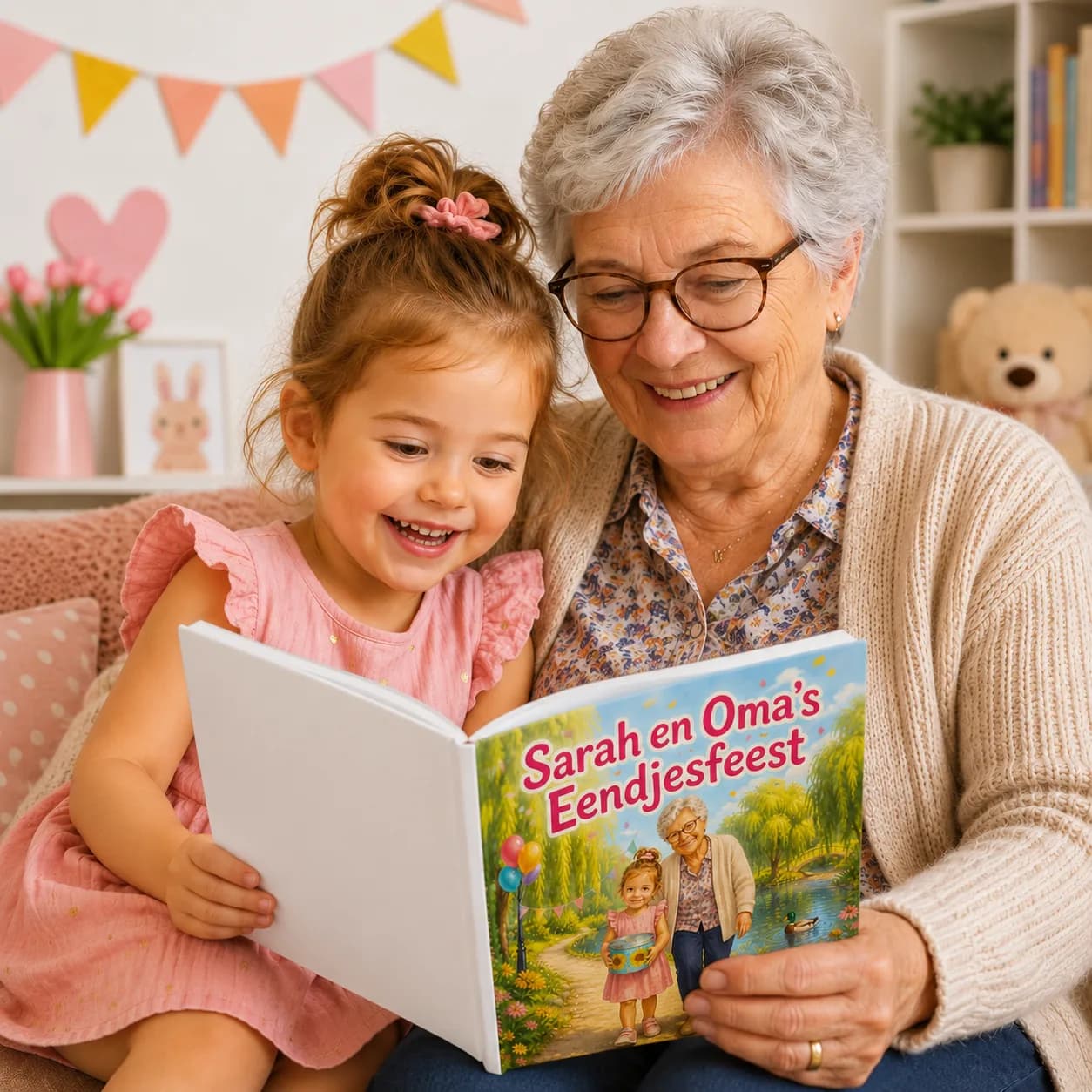 Oma leest samen met haar kleinkind het persoonlijke boekje Sarah en Oma's Eendjesfeest