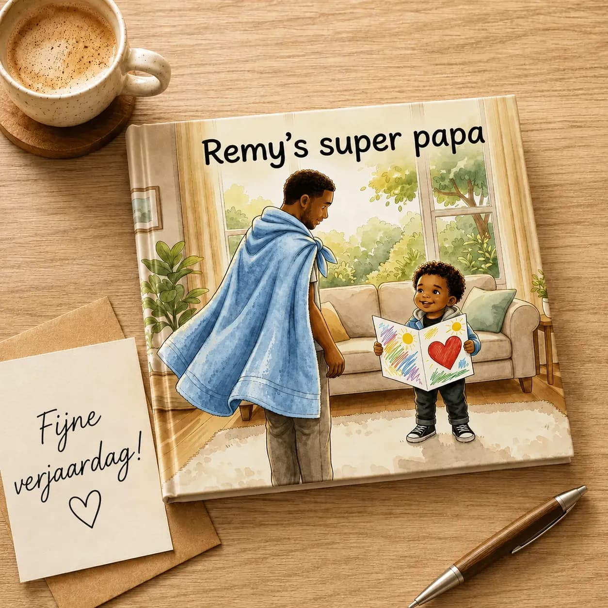 The personalized book Remy's super papa on a table next to a birthday card