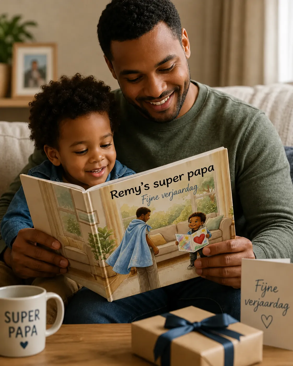 Dad and child reading a personalized birthday book together on the sofa