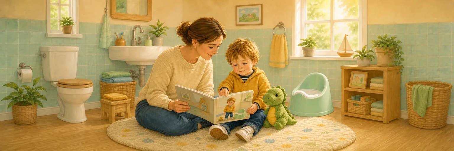 Moeder en Sam lezen samen een persoonlijk prentenboek in de badkamer, naast Sams groene dinoknuffel en mintgroene potje