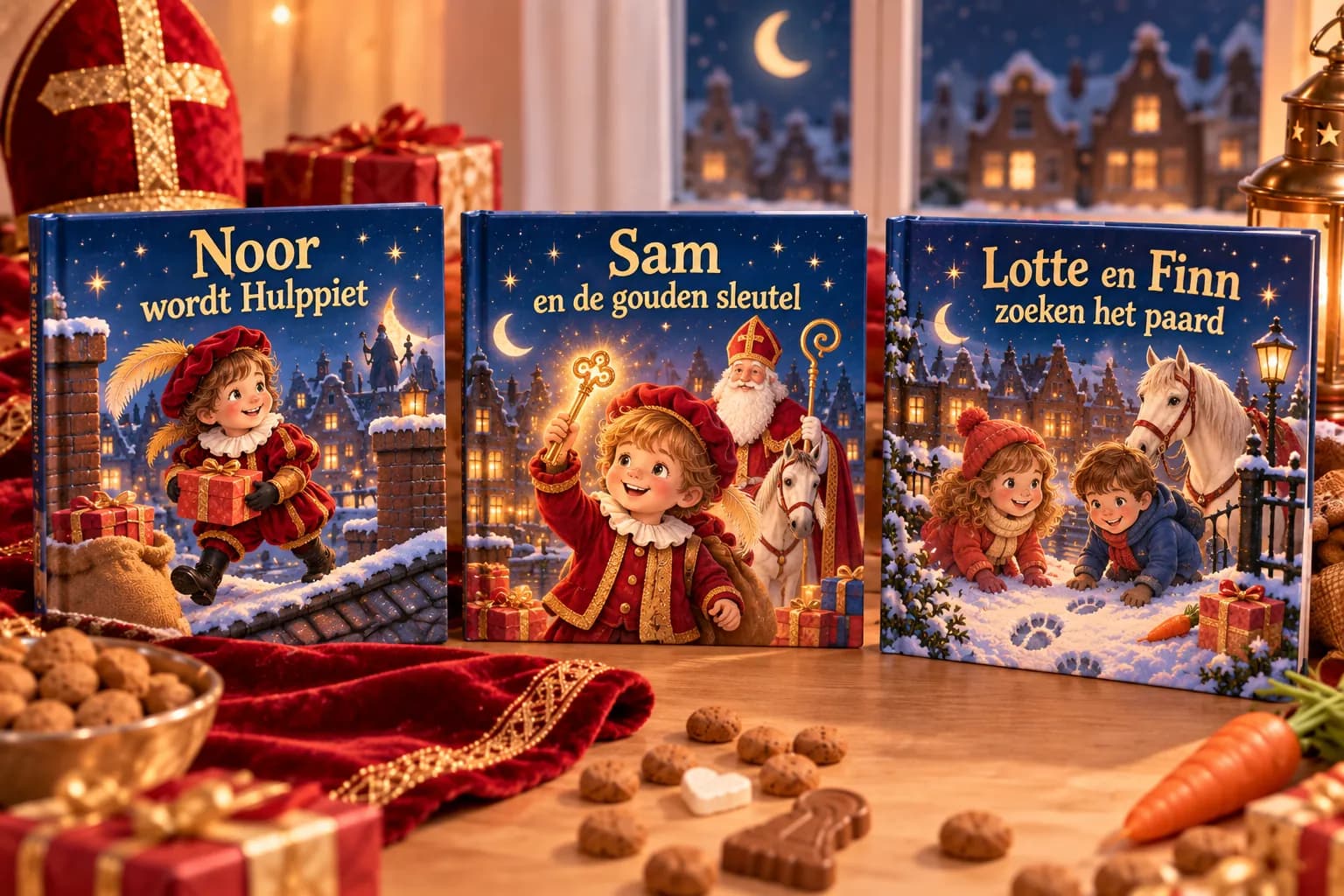 Drie voorbeeldomslagen op een sinterklaastafel: Noor wordt Hulppiet, Sam en de gouden sleutel en Lotte en Finn zoeken het paard