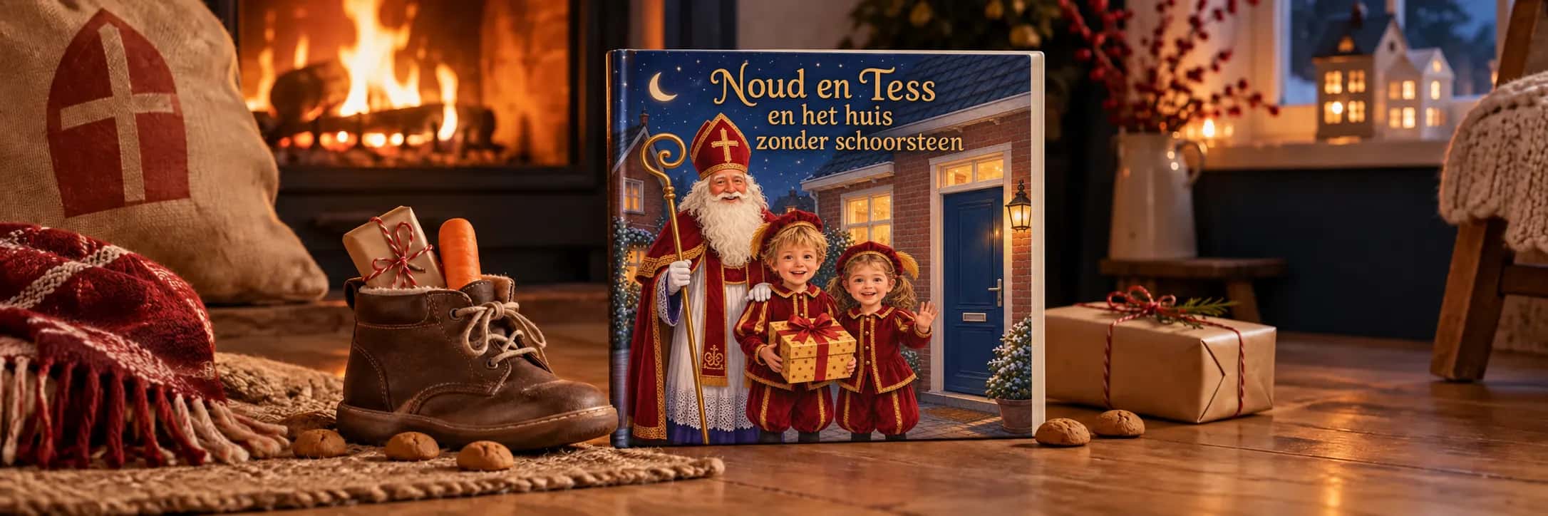 Kinderschoen naast een persoonlijk Sinterklaasboekje met een broer en zus op de kaft bij de open haard