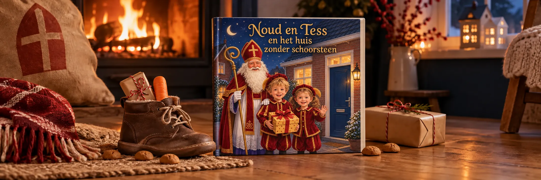 Kinderschoen naast een persoonlijk Sinterklaasboekje met een broer en zus op de kaft bij de open haard