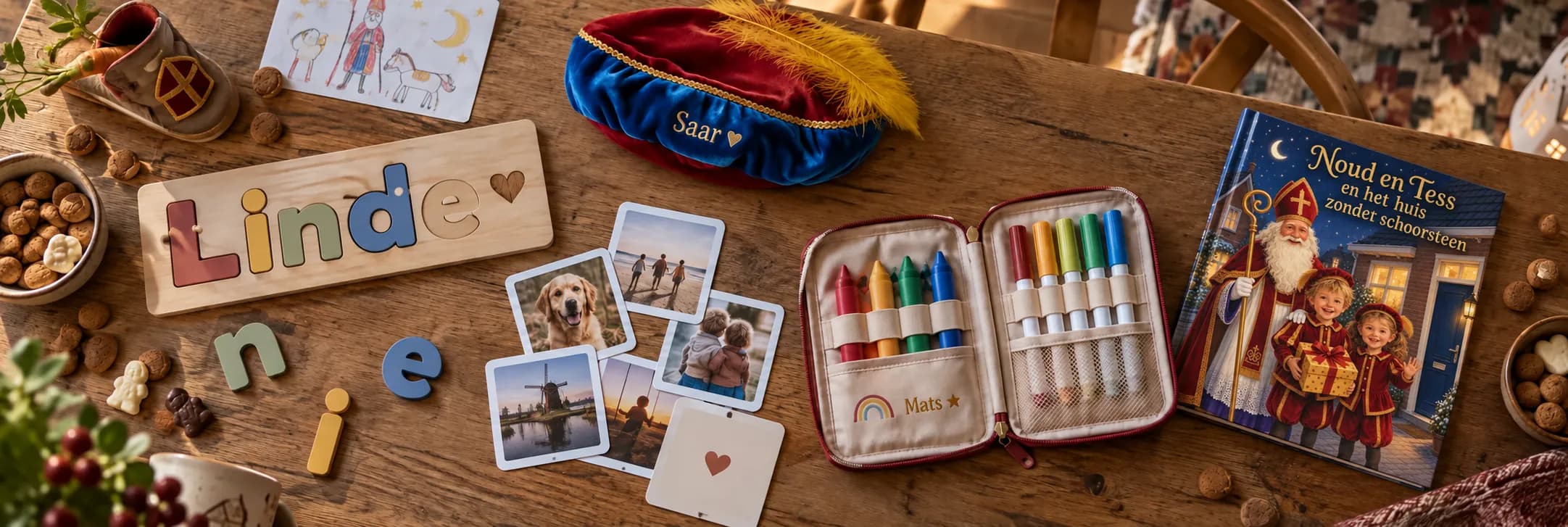 Houten tafel met een naampuzzel, fotokaartjes, pietenmuts, tekenset en het sinterklaasboekje van Noud en Tess tussen kruidnoten