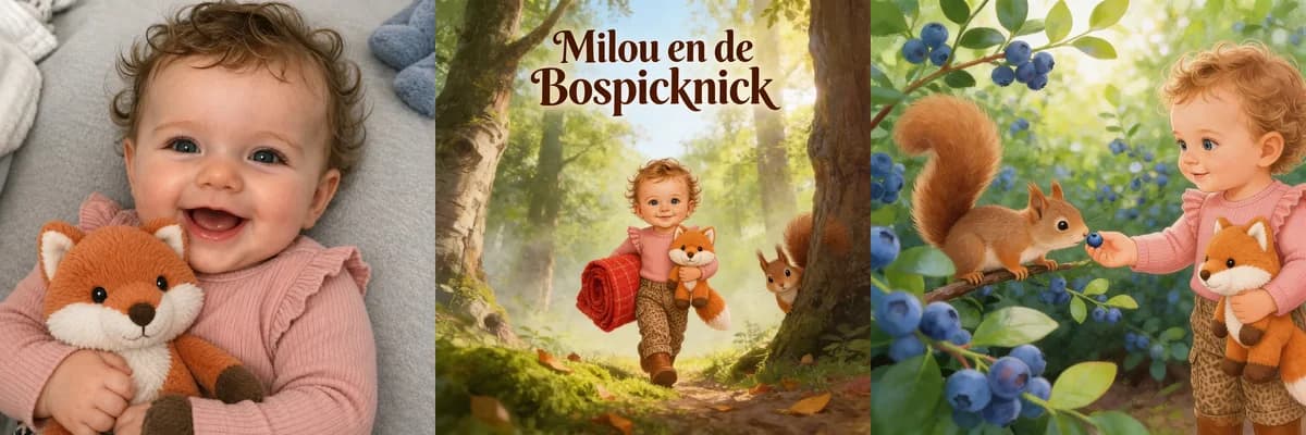 Collage van Milou met haar knuffel Vos, de cover van haar boekje "Milou en de Bospicknick" en een illustratie waarin Vos meedoet als sidekick