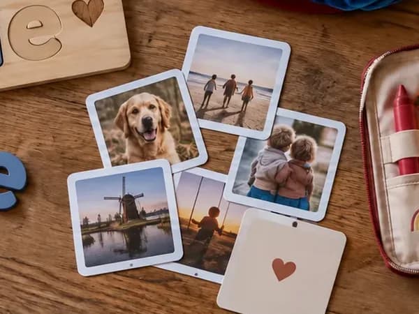 Fotokaartjes met familie, een hond en herkenbare plekken