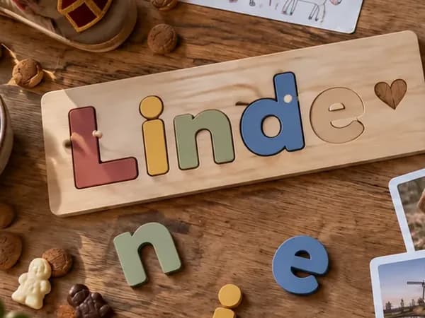 Houten naampuzzel met de naam Linde op een sinterklaastafel