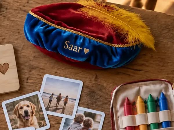 Blauw-rode pietenmuts met de naam Saar op een houten sinterklaastafel