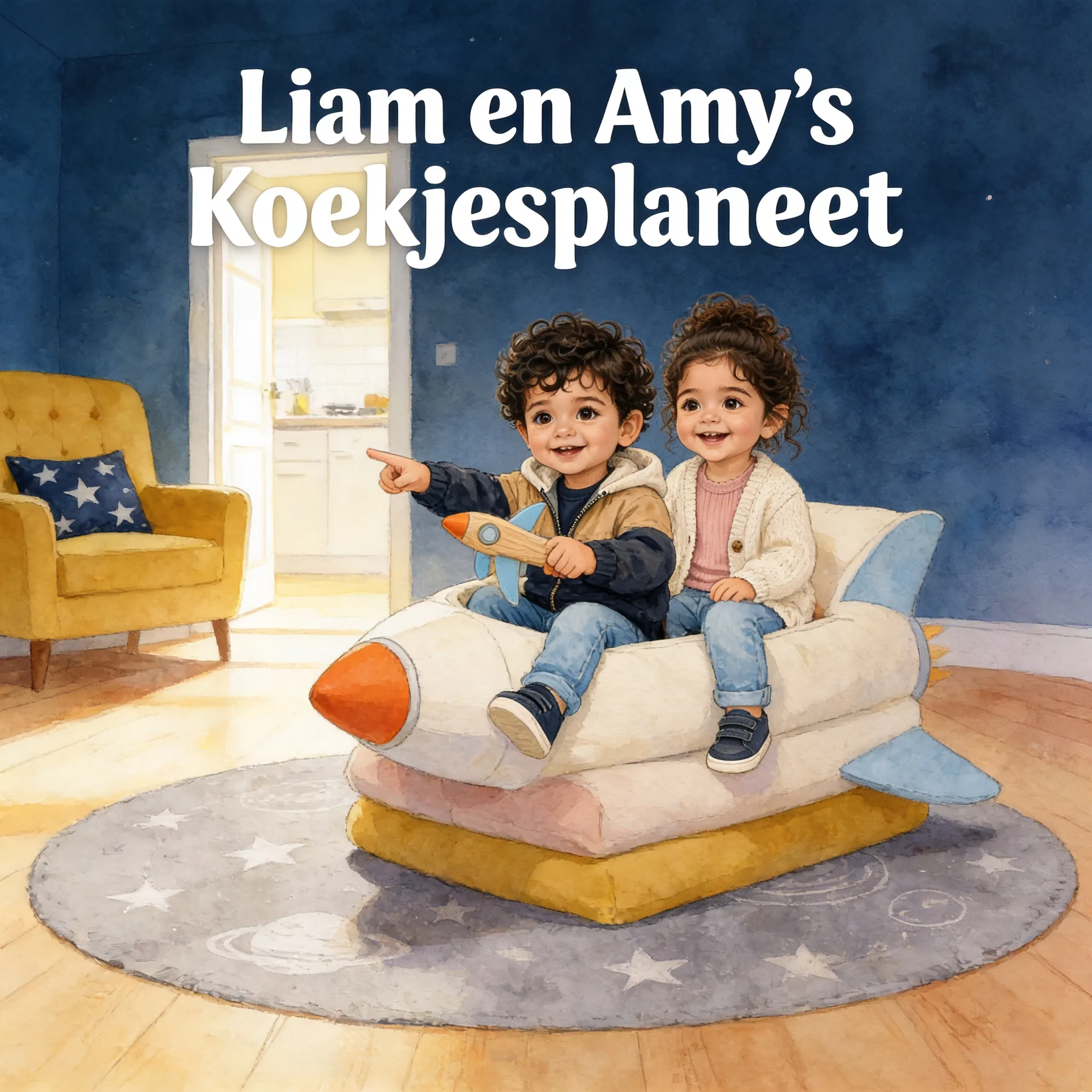 Cover van het gepersonaliseerde boekje "Liam en Amy's Koekjesplaneet" met broer en zus samen op avontuur