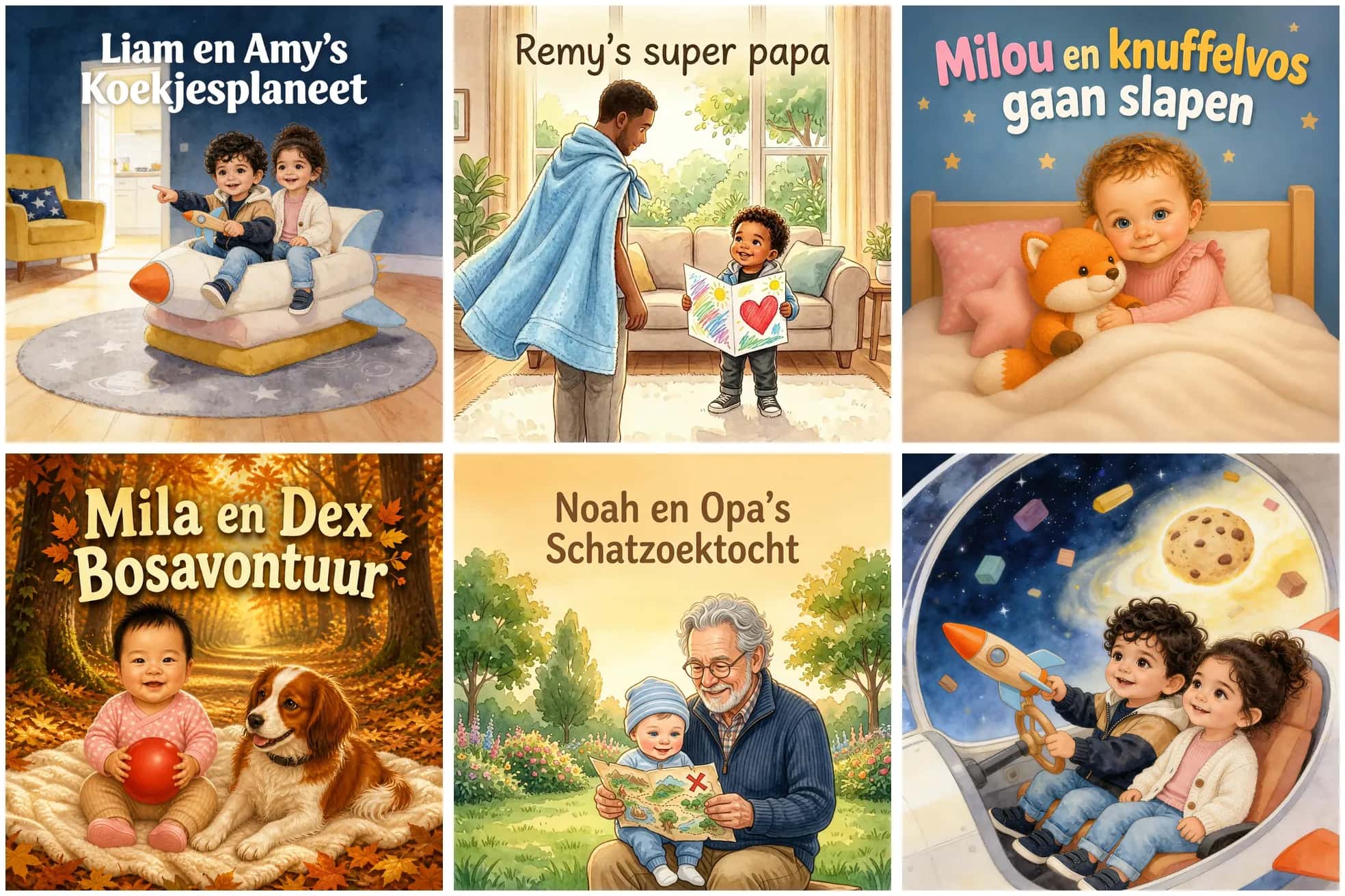 Collage van covers van gepersonaliseerde kinderboeken met twee personages: broer en zus, kind en papa, kind en knuffel, kind en hond, en kind en opa