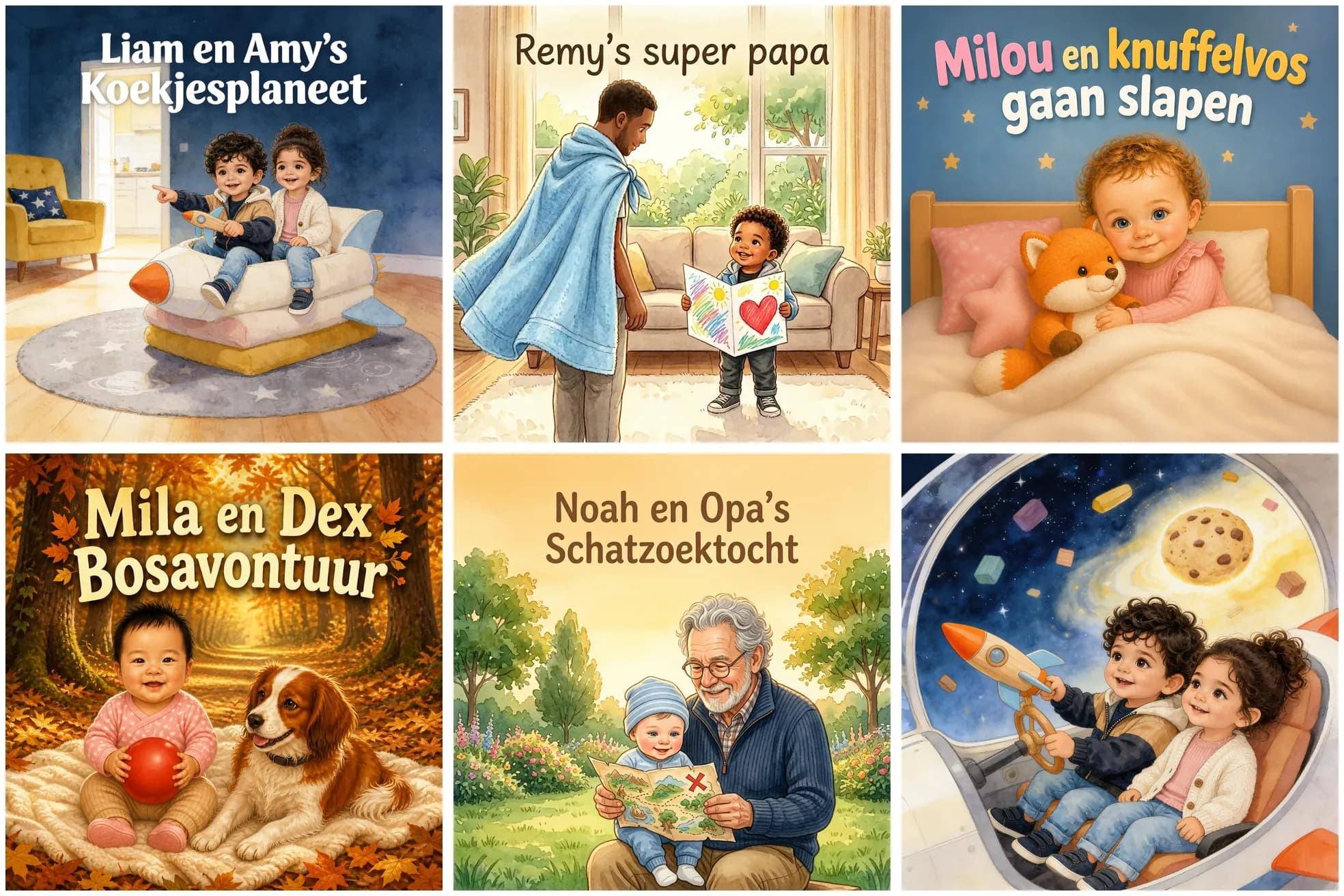 Collage van covers van gepersonaliseerde kinderboeken met twee personages: broer en zus, kind en papa, kind en knuffel, kind en hond, en kind en opa