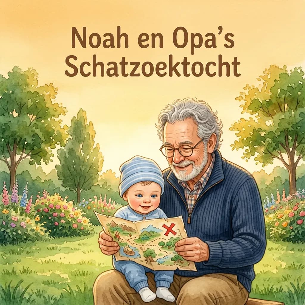 Cover van het boekje "Noah en Opa's Schatzoektocht" met kind en opa samen op avontuur