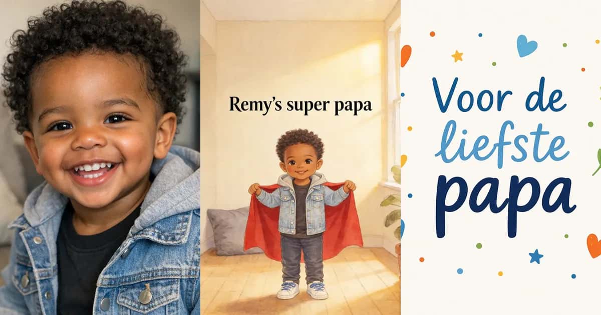 Foto van een vrolijk kind naast de "Voor de liefste papa" illustratie, inspiratie voor een persoonlijk vaderdagcadeau