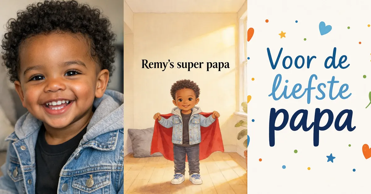 Foto van een vrolijk kind naast de "Voor de liefste papa" illustratie — inspiratie voor een persoonlijk vaderdagcadeau