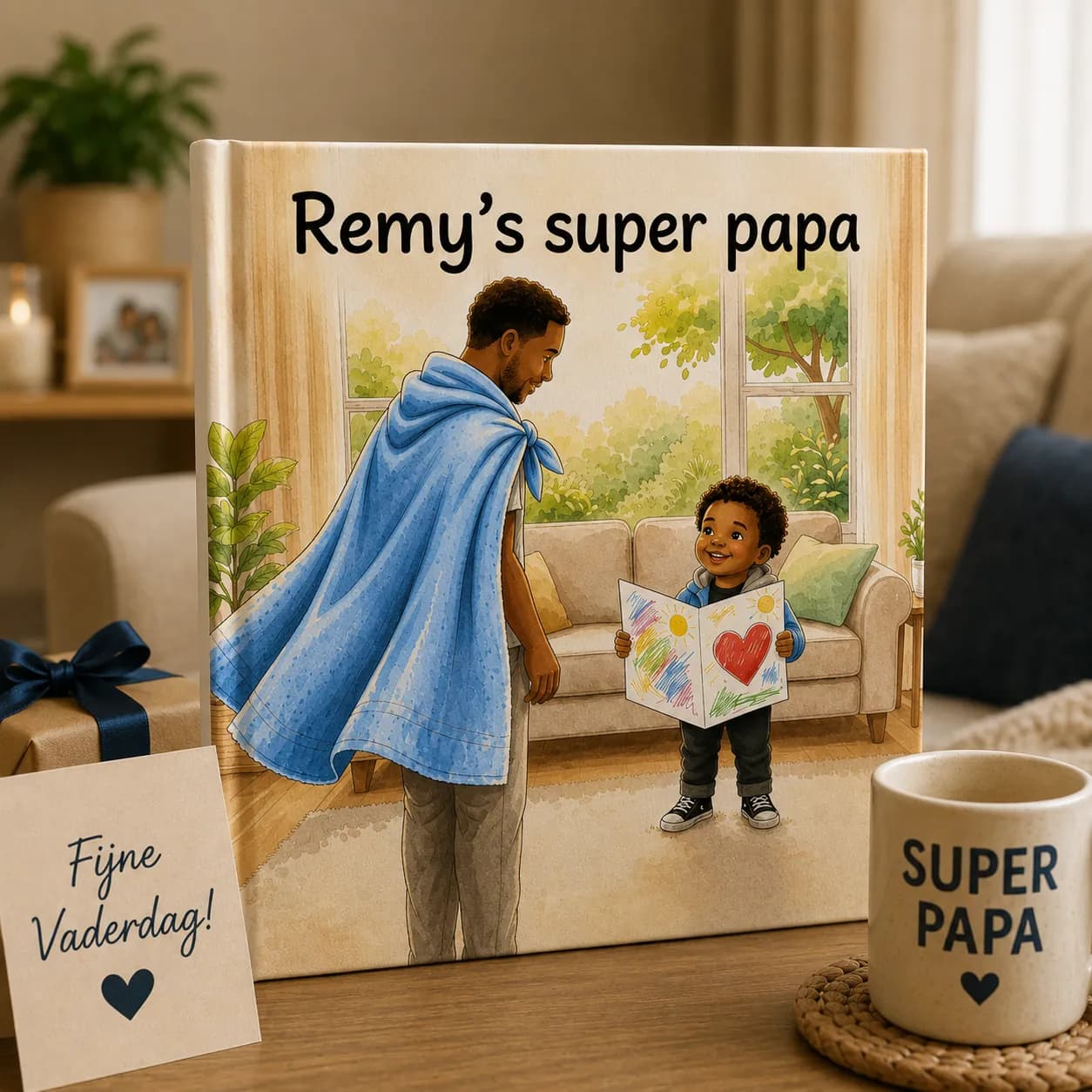 The personalized Father's Day book "Remy's super papa" next to a Father's Day card and a super papa mug