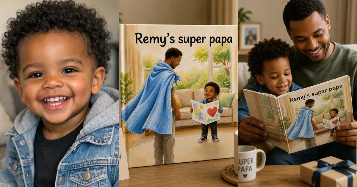 Collage van Remy, de cover van zijn boekje "Remy's super papa" en een foto waarin papa en Remy samen het boekje lezen