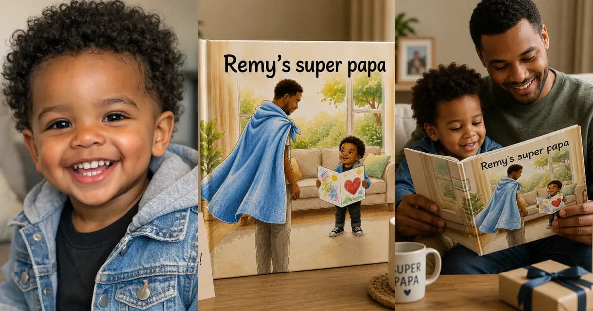 Collage of Remy, the cover of his book "Remy's super papa", and a photo of dad and Remy reading the book together