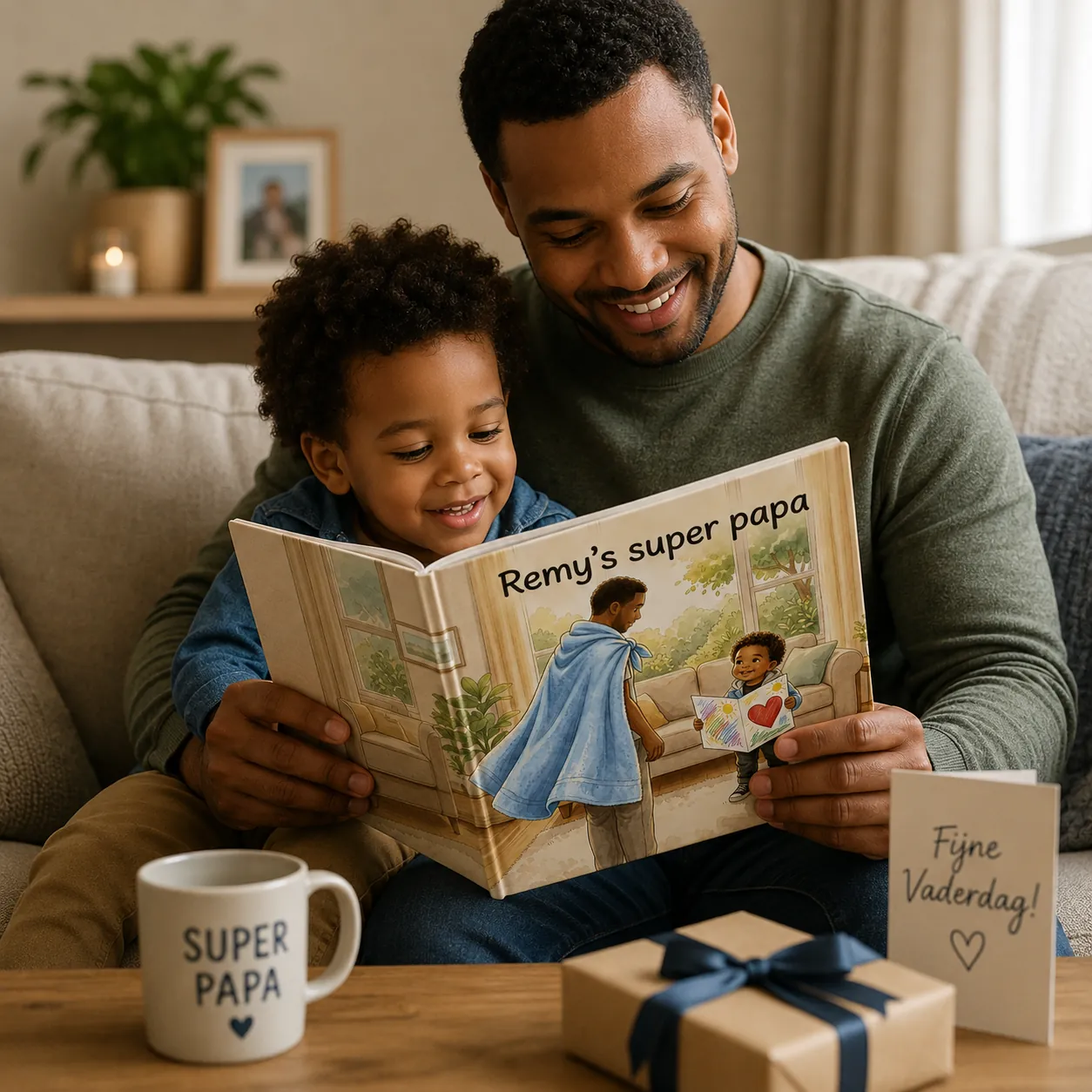 Dad and Remy reading the personalized Father's Day book together on the couch