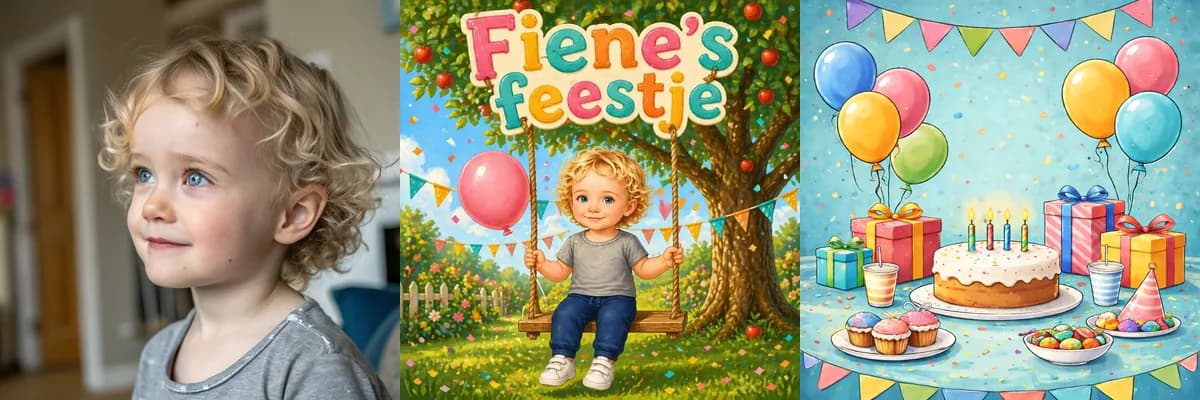 Collage of Fiene, the cover of her personalized birthday book, and a festive birthday illustration